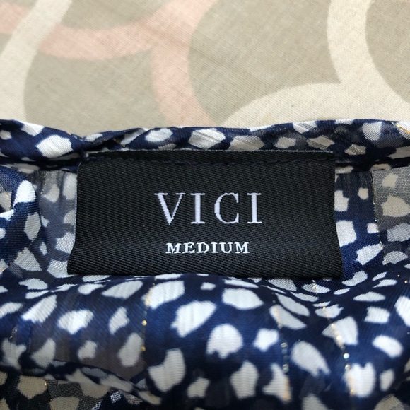 VICI Sheer Navy Polka Dot Metallic Thread Wrap Long Sleeve Blouse size Medium - Picture 11 of 12